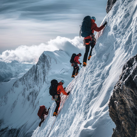 Photograph of mountaineers climbing the peak, high resolution, shot on a Canon EOS R5 with a 30mm lens. --v 6.1 Job ID: 75228e39-1359-46d2-8c23-83e7f2c3cb6cの素材