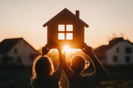 Silhouette of a family holding up a square window with a house shape in front, against a sunset background. The photo was taken with a Canon DSLR camera. --ar 3:2 --v 6.1 Job ID: 7445fc09-6f0a-4eec-a30d-f3f3c55cdac3の素材