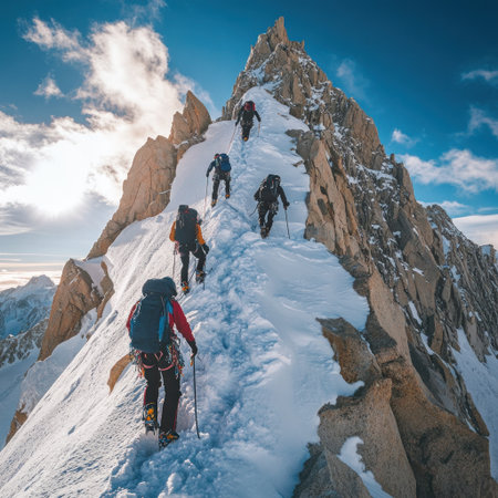 Photo of mountaineers climbing up the side of an alpine mountain, shot from behind against a blue sky, captured with a Canon EOS R5. --v 6.1 Job ID: 534e448b-34a2-488f-be55-7e239b63978cの素材