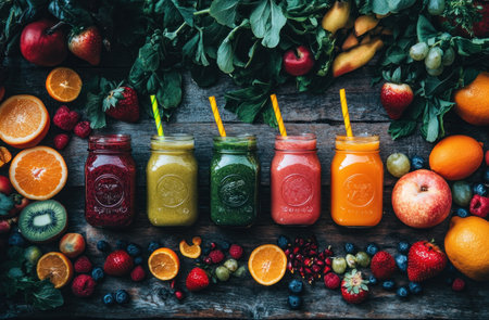 A photo of colorful smoothies in mason jars with fruit and vegetables, on a rustic wooden table. The scene is bright and inviting, showcasing the variety of colors and shapes of each drink. In one glass jar, there's a green juice made from leaves and fruits; another contains an orange juice mixed with strawberries and oranges; while a third glass has a yellow-striped straw through which to savor it. There's also an assortment of fresh fruits around the glasses for adding color or serving as garnishes. --ar 23:15 --v 6.1 Job ID: 8ccbec5b-9b58-460f-a5d1-de5bf583e6c6の素材