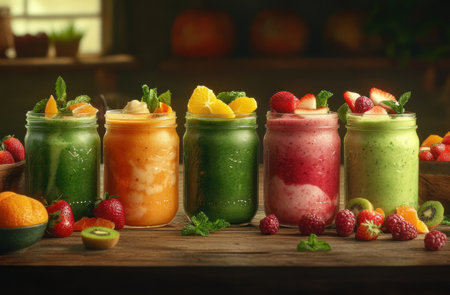 A variety of colorful smoothies in mason jars, including green and orange shades, with fresh fruits like oranges, strawberries, kiwi, and mint leaves on the side for garnish, set against an old wooden table background. The focus is sharp on each glass jar filled to various levels, showcasing different colors and textures of fruit inside. A bowl containing more mixed berries adds color and depth to the scene. Soft lighting creates gentle shadows around the glasses, enhancing their vibrant appearance. --ar 23:15 --v 6.1 Job ID: 0a2f861f-5d03-4543-ada8-078489532304の素材