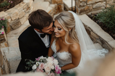 Photograph of a beautiful bride in a white wedding dress with a veil, and a groom wearing a black tuxedo, sitting on stone stairs, smiling at each other, holding a bouquet, top view, professional photography. --ar 3:2 --v 6.1 Job ID: c3269c2a-bf1f-440e-a096-50042e792ff7の素材