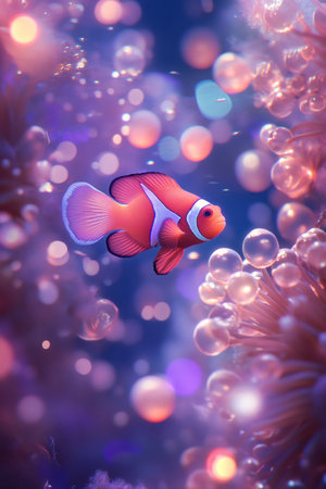 A vibrant red clownfish swimming through anemones, its tail resembling the white and pink pattern of pearls in a sea of glowing orbs. Underwater photography with a macro lens, in the style of National Geographic. --ar 2:3 --v 6.1 Job ID: f1026d40-5a4e-4b4a-904a-d8b00c942a10の素材