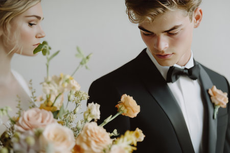 The groom is wearing a black tuxedo, and the bride has blonde hair. They exchange rings during their wedding ceremony in a white room with a bouquet of flowers on the table. It is a close-up photo shot, focusing on the hands of the couple during a modern, minimalistic wedding ceremony. This is a stock photography image with a white background, depicting a hyper-realistic scene. --ar 3:2 --v 6.1 Job ID: aeeed2e9-f353-4873-977f-6854e9478d8eの素材