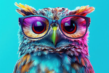Owl wearing glasses, colorful digital art style, vibrant gradients, 3D renderings of owl portraits, symmetrical composition, detailed feather rendering, blue background, cute cartoon character design, macro photography, close-up shot, bright colors, high resolution --ar 3:2 --v 6.1 Job ID: aab0cab7-a697-4455-96ec-810f34b562b4の素材