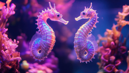A beautiful photograph of two seahorses in an aquarium, illuminated by the soft glow from neon lights on coral and sea plants. The seahorses' skin is shimmering with iridescent colors under the light, creating a magical atmosphere. --ar 53:30 --v 6.1 Job ID: ae8bec3c-5378-4555-b946-2c38e72ce7b7の素材
