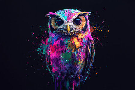 A colorful owl with paint splashes on a black background, featuring a vibrant neon color palette, in the style of WLOP and Pixar, with a comic-style, hyper-detailed, high-definition, high-quality, and sharp-detailed digital art. --ar 3:2 --v 6.1 Job ID: 77109a30-fb6d-42d7-81d4-f320dee7ea78の素材