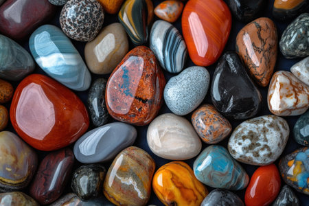 A close-up of colorful, smooth, and polished pebbles arranged in various shapes and sizes. The colors include reds, oranges, blues, greens, black, white, gray, and brown. They have intricate patterns on their surface that give them an elegant appearance. In the background is a dark gradient from deep navy to rich burgundy. --ar 3:2 --v 6.1 Job ID: bbf25fc3-6ea6-4ab9-94ce-3b4a55c65437の素材