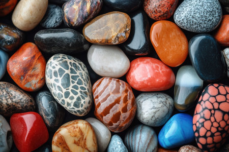 A close-up of colorful, smooth, and polished pebbles arranged in various shapes and sizes. The colors include reds, oranges, blues, greens, black, white, gray, and brown. They have intricate patterns on their surface that give them an elegant appearance. In the background is a dark gradient from deep navy to rich burgundy. --ar 3:2 --v 6.1 Job ID: bbf25fc3-6ea6-4ab9-94ce-3b4a55c65437の素材