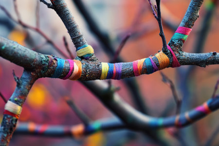 A close-up of intertwined tree branches, each one covered in colorful silk threads that symbolize the interconnectedness and diversity within nature. The background is blurred to emphasize the intricate patterns created by the different colors on every branch. --ar 3:2 --v 6.1 Job ID: 3ea93e17-1f5a-415f-b77f-77bae123e7a7の素材