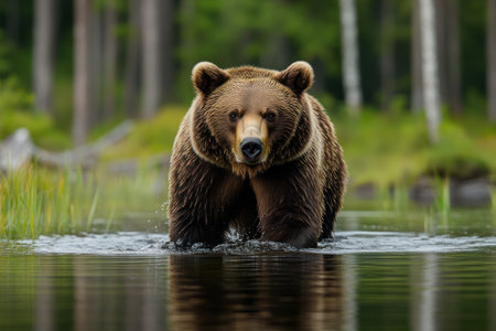 A brown bear wading through the water of an old forest lake, photorealistic, in the style of National Geographic photography, Nikon D850. --ar 3:2 --v 6.1 Job ID: cc5ca186-cc76-478e-98ea-6f65c2d23418の素材