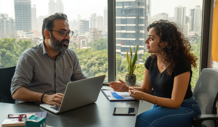 A male Indian business manager and female team member in their late thirties, sitting at an office desk with the city skyline visible through large windows behind them, engaging in conversation while using laptops to share ideas for market research on a digital marketing strategy. The man is wearing glasses, a grey shirt, and a dark beard, while the woman has curly hair and is wearing blue jeans and a black top. It is a medium shot in natural light. --ar 17:10 --v 6.1 Job ID: a689af44-5cf6-48b4-abf4-bca67ca77a89の素材