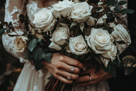 The bride's hand with her wedding ring and the groom's hands holding each other, while they hold their bouquet of white roses close to them. The focus is on capturing the details such as rings, fingers, and flowers in high resolution. --ar 3:2 --v 6.1 Job ID: 0eaa9b5b-ca23-44b0-b3e1-578e6a1ab9baの素材