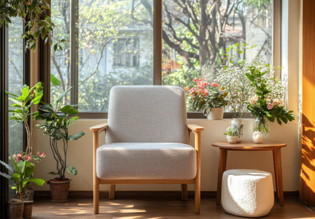 A simple and elegant beige wall with a gray armchair, a wooden side table, plants in vases, and a small white stone footstool on the right of the chair. The room is well-lit by natural light from large windows, creating soft shadows and highlighting details like the texture of the fabric or wood grain. A minimalist style that adds warmth to an empty space for design mockups or interior photography. --ar 43:30 --v 6.1 Job ID: 9c5ef446-86c9-4603-bace-0fd3551c5723の素材