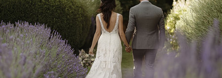 Photo of an elegant bride and groom in their wedding attire, standing side by side with their backs to the camera and holding hands in front of a vintage garden backdrop. The bride is wearing a white boho-style lace gown with a long train flowing behind her as she walks through lavender bushes. She holds a bouquet of flowers. The groom's grey suit complements his dark hair. The focus is on the details, such as the texture of the fabrics, the lace work, and the delicate accessories. --ar 43:15 --v 6.1 Job ID: 394d9bca-6539-4a81-9842-d861cf1a0473の素材