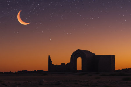 The crescent moon of Ramadan, silhouetted against the sky over an ancient mosque at dusk. The night is dark and starry with a hint of orange in the clouds. There is space for text on one side. Captured using a Canon EOS camera with a wide-angle lens. --ar 3:2 --v 6.1 Job ID: 2c17520c-16fb-4498-97e9-26a0b6b99c44の素材