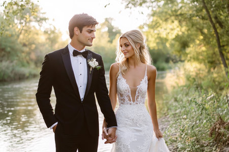 Photo of the bride and groom dancing in a park, holding hands near a river or lake. A beautiful young blonde woman wearing a white wedding dress is standing with a man dressed in a tuxedo against a green forest background. Realistic photo. Captured with a Sony Alpha A7 III camera with an f/8 aperture setting and in the style of Kodak Portra film. --ar 3:2 --v 6.1 Job ID: ebe459a5-4fed-4536-8e71-c4298d61e6f2の素材