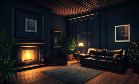 Photorealistic depiction of an open-plan living room with dark blue walls, a wooden floor, and ceiling slats, featuring a sleek, modern leather sofa and a black armchair near the fireplace. The scene includes plants for greenery, creating a cozy yet contemporary atmosphere. --ar 49:30 --v 6.1 Job ID: f1dd0ac8-2ecd-49a0-a8d4-2dd40aabe447の素材