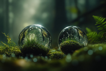 Macro photography of glass spheres with grass inside, sitting on moss in the forest. The glass sphere is reflecting the greenery around it, captured with a macro lens, creating a bokeh effect with water drops and dew. The image was shot using a Hasselblad camera. --ar 3:2 --v 6.1 Job ID: c56fb1c0-0222-43a4-8d7e-4e9f268d608bの素材