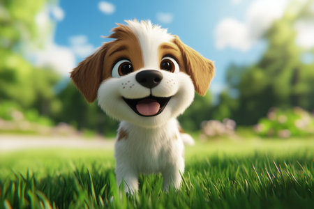 A cute puppy with brown and white fur stands on the grass, in the style of Pixar, 3D rendering, cartoon animation character design, in the style of Disney, in the style of Disney 2D, simple background, bright colors, high definition, high resolution, high detail, best quality. --ar 3:2 --v 6.1 Job ID: 8e6e0ebe-f324-4bd5-a6aa-6f2263839c37の素材