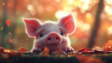 A close-up of an adorable piglet peeking over the edge, its pink snout and black eyes sparkling with curiosity. The background is blurred to focus on the cute baby animal, which adds depth and character to the composition. --ar 53:30 --v 6.1 Job ID: d0b4dc6a-a6fc-49cf-9d5e-cb204ff0dfd9の素材