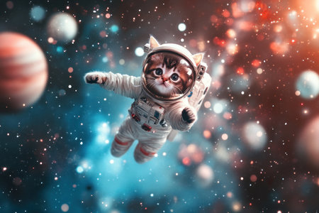 A cute cat in an astronaut suit floating through space, surrounded by stars and planets. The scene is full of energy with the kitten playfully chasing after its own tail while wearing the helmet. This playful and adventurous mood creates a sense of wonder for all ages. A high-quality photo that brings joy to people's faces, in the style of commercial photography, best quality. --ar 3:2 --v 6.1 Job ID: 81e4de31-27a9-44d1-85bb-48b655e0b9beの素材