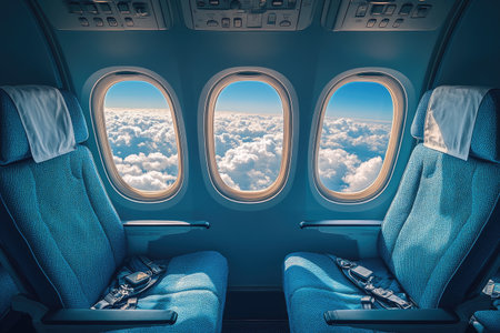 Blue airplane seats with white headrests, windows, and clouds visible outside. --ar 3:2 --stylize 750 --v 6.1 Job ID: a023fbf0-41d5-4ec2-9f91-b3fd031a5f1eの素材