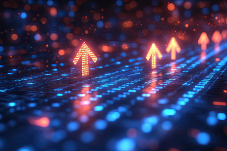 Blue, glowing arrows pointing upwards on a dark background, representing growth and success in a business or technology concept. --ar 3:2 --stylize 750 --v 6.1 Job ID: aa678467-8b36-4fe1-9707-4e7f37d919deの素材