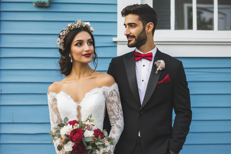 Photograph of a modern, attractive Middle Eastern couple on their wedding day, standing in front of a blue house with white trim. The bride is wearing an off-the-shoulder, long-sleeved dress and a floral crown headband. The groom has short hair styled to one side, and he wears a red bow tie under a black tuxedo jacket. He is holding a bouquet of flowers. The image has a soft focus, creating a romantic atmosphere. --ar 3:2 --v 6.1 Job ID: 0a6b60a2-4a69-42e1-9651-5f55255253bdの素材