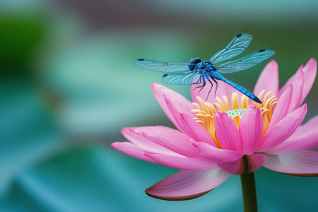 A blue dragonfly perched on top of a pink lotus flower. The background is blurred, and the focus is sharp, highlighting the contrast between the delicate wings of the fly against the soft petals of the water lily. This scene evokes a sense of tranquility and harmony with nature. --ar 3:2 --v 6.1 Job ID: ef71f442-3e21-4d54-bc89-5c78e794c79bの素材