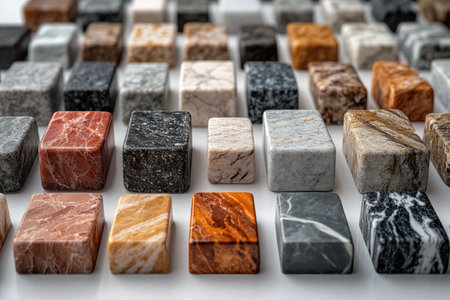 Cinematic photograph of marble and granite samples laid out on white squares, showcasing the different textures and colors for kitchen countertop selection in Montreal home design, vibrant and detailed. --ar 3:2 --stylize 750 --v 6.1 Job ID: a97b0a7e-2603-4fe7-8660-278f4eccdfcfの素材