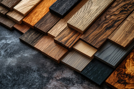 Color swatches of different types and colors of wood, vinyl flooring, and kitchen cabinets for interior design. The color palette includes various shades of brown, grey, white, and black, with some textures like grainy or smooth surfaces. This is an overhead view showcasing the variety in material tones and patterns to help you choose your new home decor. --ar 3:2 --stylize 750 --v 6.1 Job ID: d536d95d-9762-4c27-bfe6-e54e9939a443の素材
