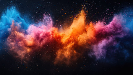 Colorful powder explosion on a black background, with colorful paint dust flying in the air. Holi festival concept. A banner with a copy space area for design. --ar 53:30 --stylize 750 --v 6.1 Job ID: 432bd845-3201-47b3-976e-819ee629860dの素材