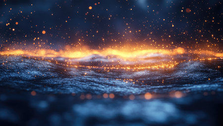 Dark blue background with glowing particles and rays of light, shining on the bottom edge of a dark water surface. Abstract technology concept banner. --ar 53:30 --stylize 750 --v 6.1 Job ID: d7d24c6f-9cf9-44bd-b8dd-cb46d4658824の素材