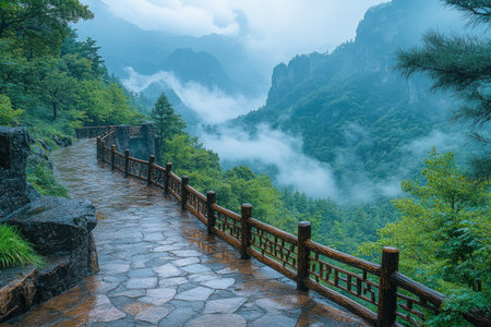 Hiking trail with panoramic view of the Tianmen Mountain, Chinese tiger-shaped metal guardrail, high-definition photography style, cloudy weather, green mountains and trees in the background, high resolution, natural light, telephoto lens, detailed details. --ar 3:2 --stylize 750 --v 6.1 Job ID: e6febefb-de45-46a1-a532-4f15e67ba296の素材