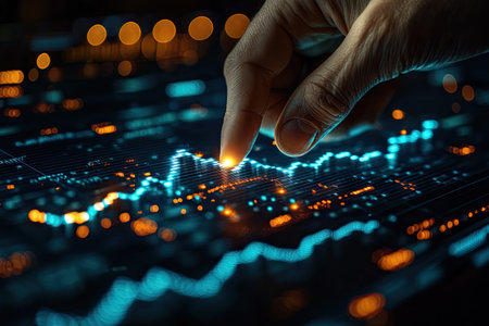 Hand pointing at a glowing blue graph with an upward arrow on a black background, representing a business and financial growth concept, stock market analysis, or advertising of success in modern technology digital marketing. Copy space available. High quality, 300mm or larger, light colors, high-resolution photo, high detail, hyperrealistic. --ar 3:2 --stylize 750 --v 6.1 Job ID: 64cf12e5-26e4-4fc8-88ff-363ca017060aの素材