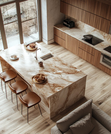 Kitchen island with stone countertop, modern interior design of the kitchen in a luxury apartment, neutral colors and marble accents, wooden floor, large windows, in the style of Sony Alpha camera. --ar 5:6 --stylize 750 --v 6.1 Job ID: 57124282-fa75-458b-9d1a-eb44f8f87846の素材