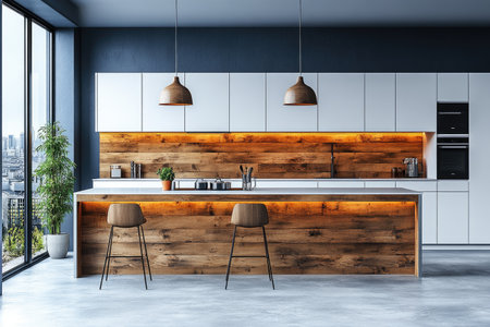 Minimalist kitchen interior with white cabinets, wooden wall panels, and a light grey floor. The interior design of this modern home architecture is in the style of Scandinavian style. The background is a navy blue color. This is a photorealistic photograph, a professional photograph. --ar 3:2 --stylize 750 --v 6.1 Job ID: a69ec1ee-7cdc-4ff5-af68-05eddec19141の素材