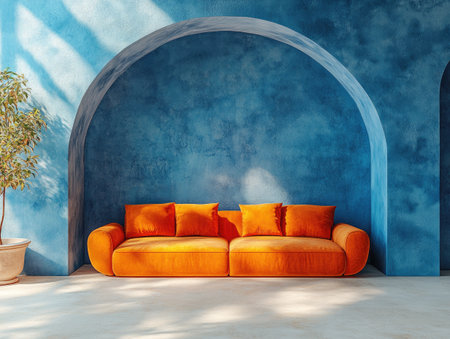 Minimalist living room with a blue wall, orange sofa, and arches. --ar 4:3 --stylize 750 --v 6.1 Job ID: eda8e492-5c31-4a44-8533-a7bd59a126f6の素材