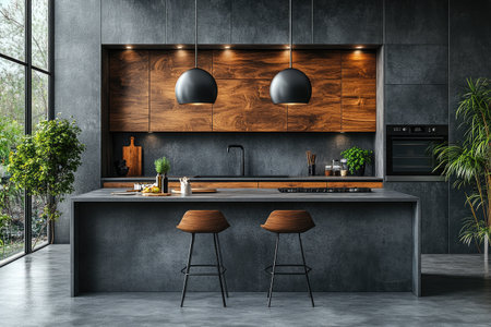 Minimalist kitchen with modern gray cabinets and wood accents, featuring an island table with two bar stools. The background is a neutral gray wall for product display. --ar 3:2 --stylize 750 --v 6.1 Job ID: d2d90b86-bcd5-45c0-a571-e7c8957a55ffの素材