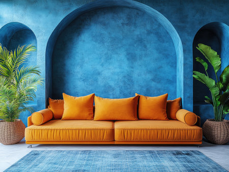 Minimalist living room with a blue wall, orange sofa, and arches. --ar 4:3 --stylize 750 --v 6.1 Job ID: eda8e492-5c31-4a44-8533-a7bd59a126f6の素材