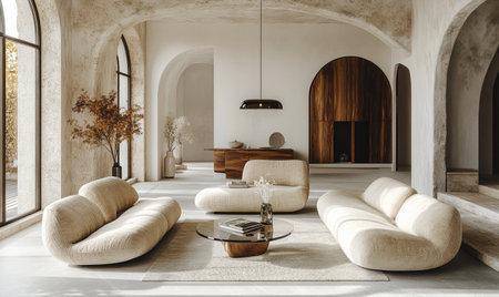 Minimalist living room with a soft, cream-colored sofa and armchairs, a sleek glass coffee table, a modern pendant light hanging from the ceiling, a large white wall background, high-resolution, photorealistic photography, interior design, natural lighting, detailed textures, and a clean aesthetic. --ar 5:3 --stylize 750 --v 6.1 Job ID: b704071b-a733-4e7f-b765-1b31eacf5a20の素材