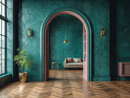 Minimalist, modern interior design of a bedroom with an arched door frame, a dark green wall, and pink accents. The parquet floor leads to a view from the window into the living room, which is illuminated by brass light fixtures. Photorealistic. --ar 4:3 --stylize 750 --v 6.1 Job ID: ae90b198-ca24-4801-9bdf-214fac7d0ac6の素材