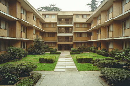 A wide-angle photo of the entrance to an apartment building. The courtyard features a lawn and terrace in front, with beige stucco walls, white windows, sliding doors, and a concrete floor. The architecture is minimalist in style, showcasing the architectural photography. --ar 3:2 --stylize 750 --v 6.1 Job ID: 3e5ef61b-5764-4f80-96df-8ac1a5dcb3e1の素材