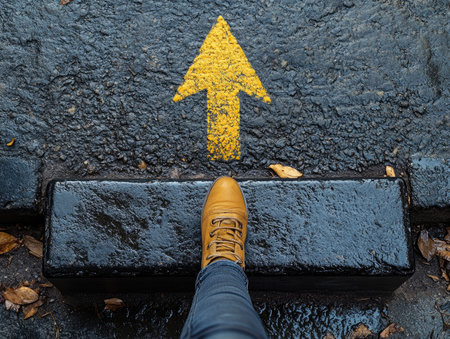 A woman's foot steps on the top of three black stairs, with an upward-pointing yellow arrow above her head. The background is grey asphalt. In the style of realistic photography. --ar 4:3 --stylize 750 --v 6.1 Job ID: 94546268-842b-435d-ba3b-2384e41e34eeの素材