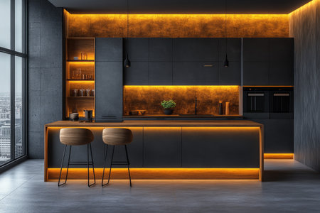 Minimalist modern kitchen with sleek gray cabinets and wood accents, featuring an island table with two bar stools, illuminated by warm lighting. --ar 3:2 --stylize 750 --v 6.1 Job ID: b3e1cce1-0a4c-4c5f-9028-e0844cd8520aの素材