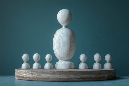 A white wooden figure stands on the podium, with seven other small figures lined up in front of it against a blue background. The setting is minimalistic and clean, focusing attention on the central figure. This composition creates an atmosphere where individuality symbolizes success or influence within their team or group. This is an ultra-realistic photograph captured in high resolution at 20 megapixels using a Sony A7iii camera. --ar 3:2 --stylize 750 --v 6.1 Job ID: 13536adb-2bdb-490b-9851-3bcad2efee1aの素材