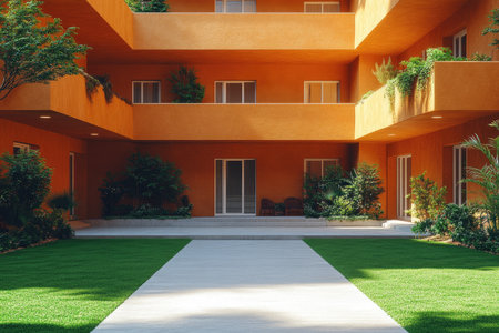 A wide-angle photo of the entrance to an apartment building. The courtyard features a lawn and terrace in front, with beige stucco walls, white windows, sliding doors, and a concrete floor. The architecture is minimalist in style, showcasing the architectural photography. --ar 3:2 --stylize 750 --v 6.1 Job ID: 3e5ef61b-5764-4f80-96df-8ac1a5dcb3e1の素材