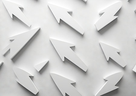 Abstract background with white arrows pointing in different directions, representing the concept of direction and business plan or strategy. The arrow symbol is simple yet powerful, conveying forward motion and progress on a light grey backdrop. Vector illustration. --ar 7:5 --stylize 750 --v 6.1 Job ID: 69583560-d7f9-45d5-8f31-473f8328afd5の素材