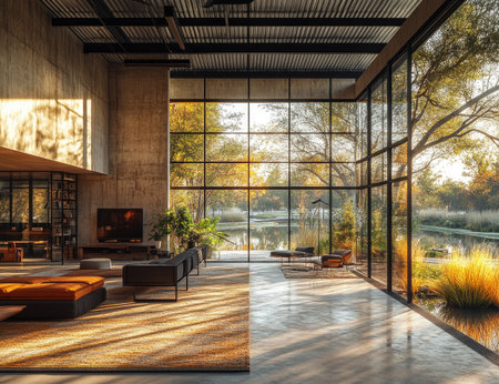 An open space with large windows overlooking the park, an industrial-style metal roof ceiling, glass walls on one side, modern black furniture, a park view outside the window, trees in the background, daylight, and a hyper-realistic scene. --ar 13:10 --stylize 750 --v 6.1 Job ID: 1cc8ae6b-0d7e-40ca-b764-9a3d157392a6の素材